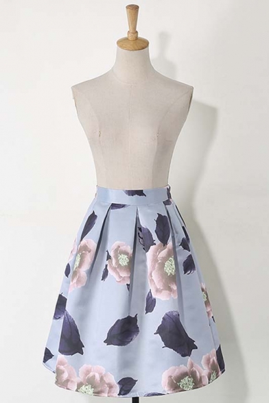 Elegant Floral Print Elastic Waist Zip-Back Midi Skater Skirt