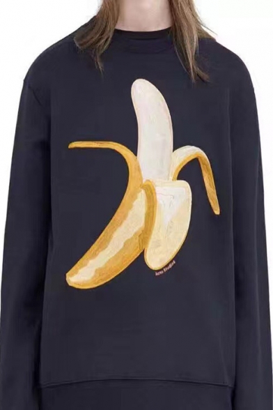 Fashion Banana Print Round Neck Long Sleeve Pullover Sweatshirt