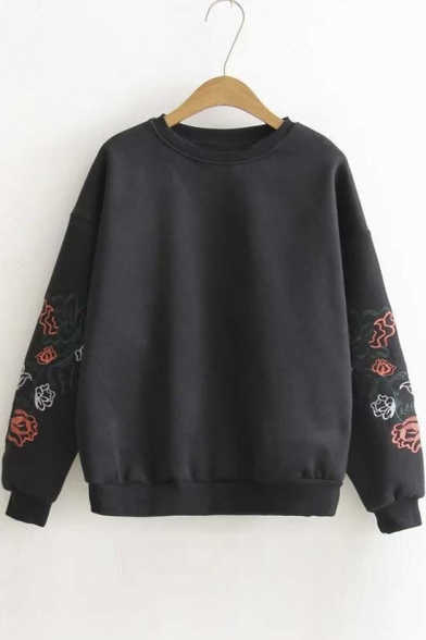 Chic Floral Embroidered Long Sleeve Round Neck Fleece Sweatshirt