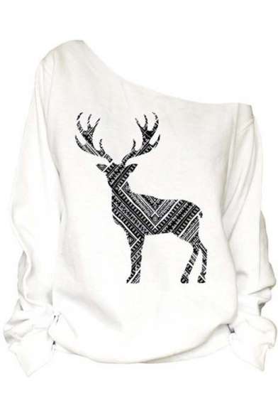 New Arrival Sexy Off the Shoulder Deer Print Long Sleeve Sweatshirt