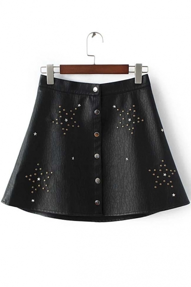 Studded Star Pattern Single Breasted High Waist Leather A-Line Skirt
