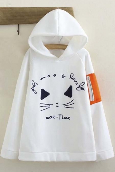 Fashion Cute Cat Letter Embroidered Color Block Long Sleeve Hoodie