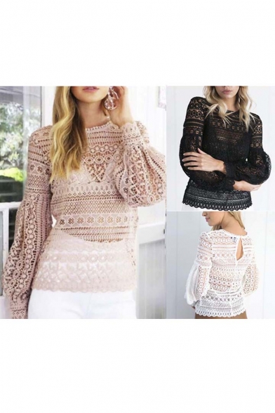 Fashion Lace Crochet Lantern Long Sleeve Cutout Back Blouse