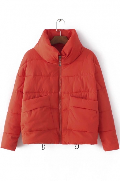 High Neck Zip Up Padded Short Coat with Big Pockets