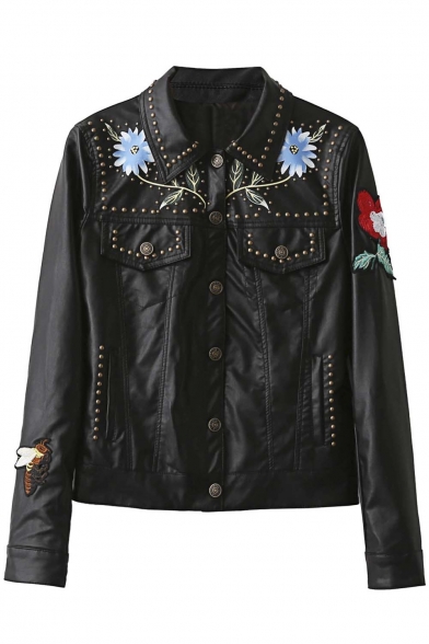 Studded Single Breasted Lapel Embroidery Floral Butterfly Print Leather Coat