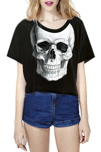 Hot Skull Print Short Sleeve Cropped T-shirt