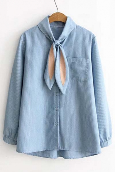 Adorable Rabbit Ears Tie Front Striped Shirt