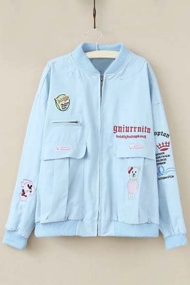 Cute Patchwork Letter Embroidery Zip Front Jacket Coat
