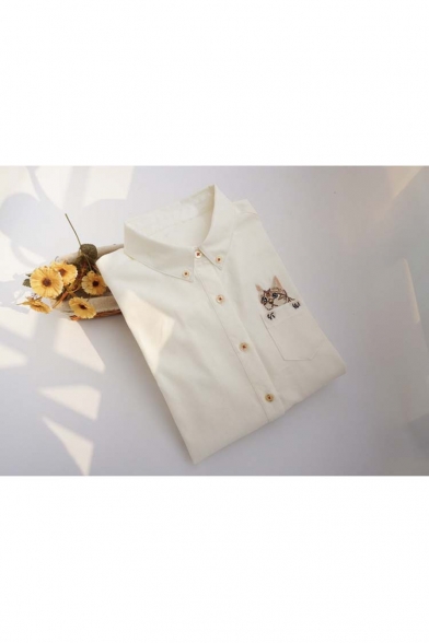 Fashion Lapel Long Sleeve Single Breasted Embroidery Cat Pattern Shirt
