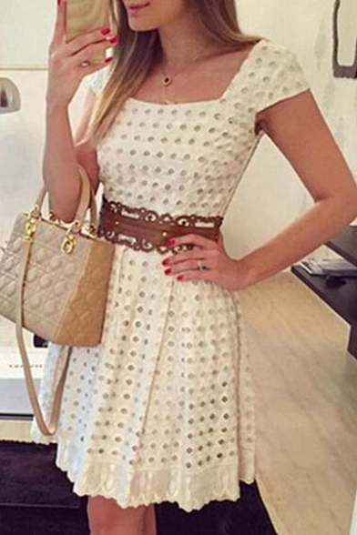 Lady Square Neck Short Sleeve High Waist Cut-Out Skater Dress