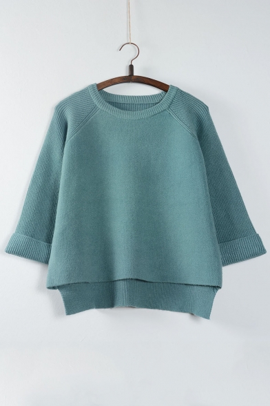 New Arrival Fashion Dip Hem Round Neck Long Sleeve Cropped Knitted Top