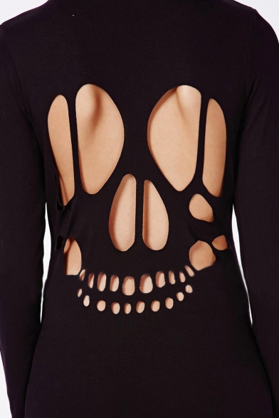 Women's Fashion Skull Hollow Out Long Sleeve Black Dress