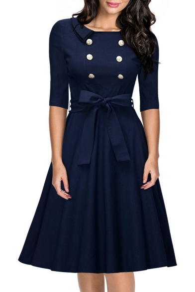 Women's Retro Elegant Half Sleeve Button Front Swing Midi Dress