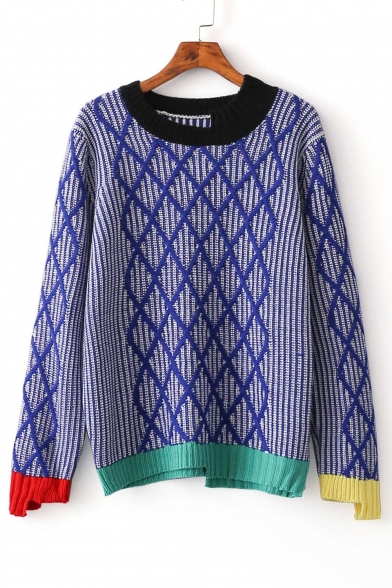 Color Block Trim Geometric Pattern Round Neck Long Sleeve Sweater