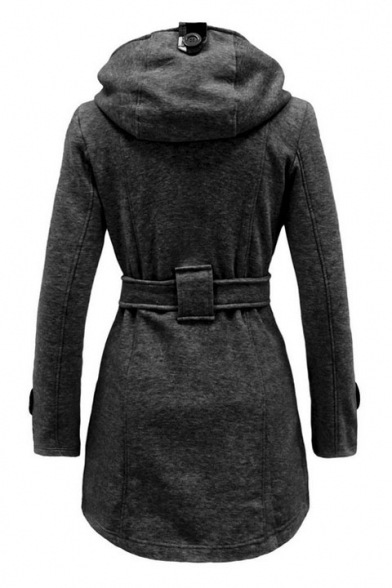 Fashion Hooded Lapel Long Sleeve Belt Waist Double Breasted Coat