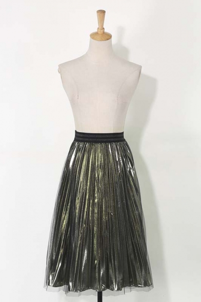 Fashion Mesh Metallic Elastic Waist Midi Pleated Skirt