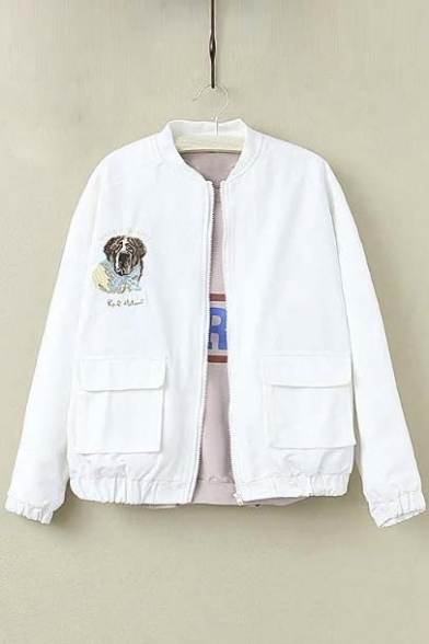 Hot Cute Dog Embroidered Zip Up Elastic Cuff Jacket
