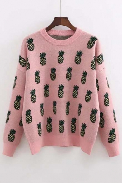New Pineapple Drop Shoulder Long Sleeve Round Neck Sweater