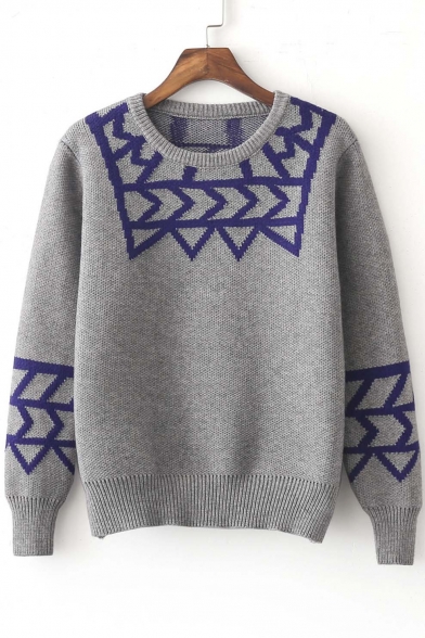 New Stylish Geometric Pattern Color Block Round Neck Long Sleeve Sweater
