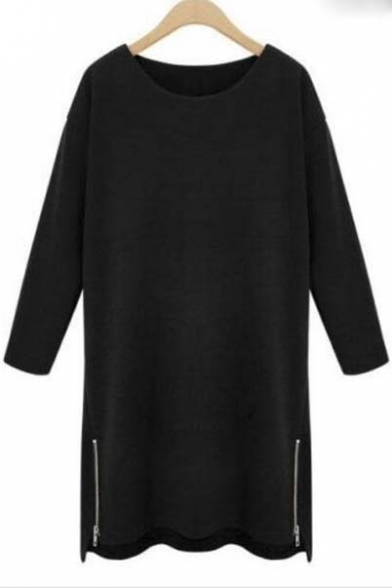 Oversized Round Neck Long Sleeve Zip Side High Low Hem Knitted Dress