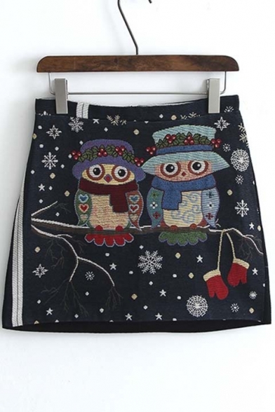 Sexy Embroidery Owls Print Zip-Back A-Line Mini Skirt