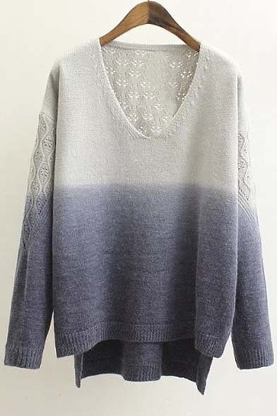 Trendy Color Block V-neck Dip Hem Long Sleeve Sweater