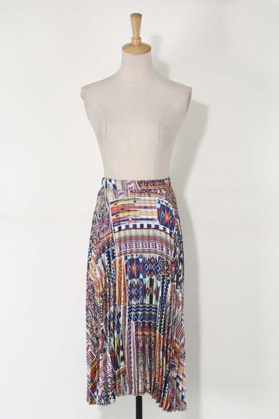 Tribal Print Elastic Waist Asymmetric Hem Pleated Skirt