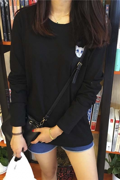 Trendy Embroidery Cat Print Round Neck Long Sleeve T-Shirt