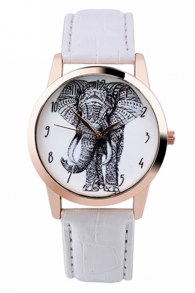 Fashion Elephant Print Leather Band Quartz Watch