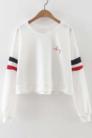 Fashion Letter Print Striped Long Sleeve Round Neck Cropped Pullover Sweatshirt