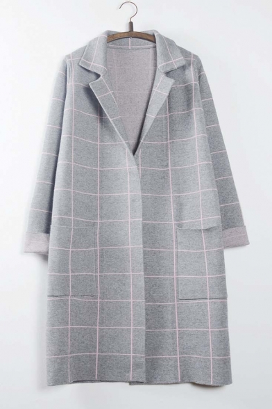 Fashion Plaid Notched Lapel Long Sleeve Longline Cardigan Open-Front Knitted Coat