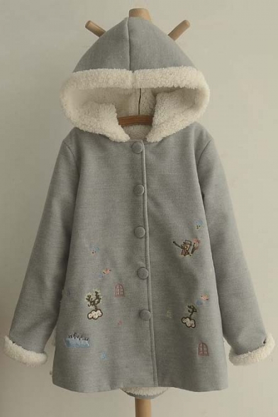 Lovely Hooded Single Breasted Embroidery Cartoon Pattern Contrast Cuffs Long Sleeve Coat