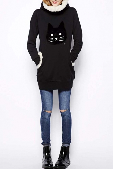Women's Fashion Cute Cat Pattern Hooded Long Sweatshirt with Pocket