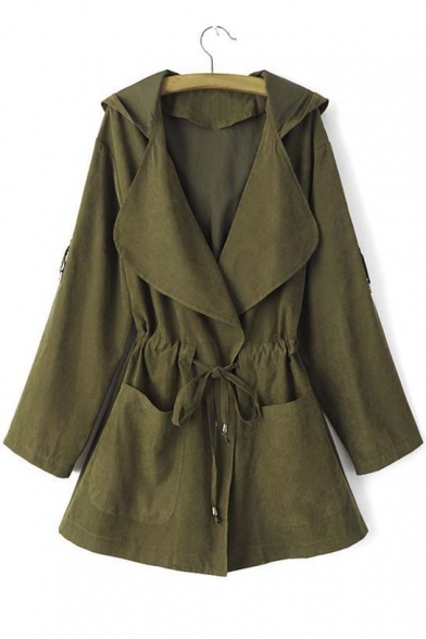 Women's Fashion Drawstring Waist Hooded Trench Coat with Pocket