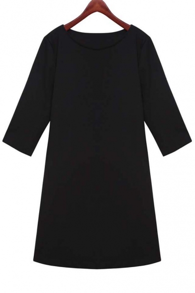 Black Solid Round Neck 3/4 Sleeve Plus Size Dress