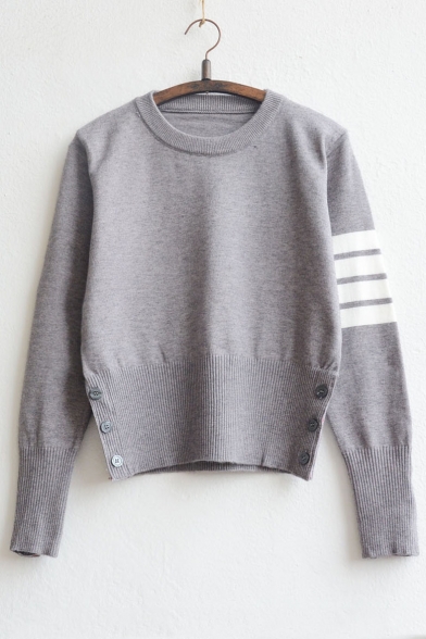 Fashion Striped Detail Long Sleeve Pullover Sweater with Buttons
