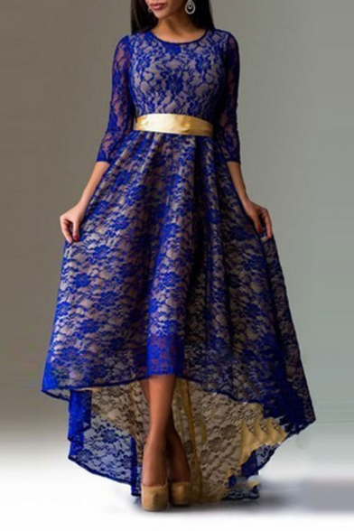 Graceful Long Sleeve Belt Waist Lace Crochet High Low Hem A-Line Maxi Dress