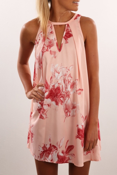 Women's Fashion Cut Out V-neck Floral Print Sleeveless Mini Dress
