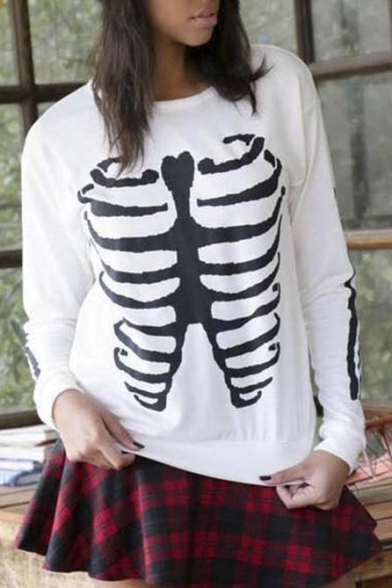 New Fashion Skeleton Print Long Sleeve Round Neck Sweatshirt Black/White