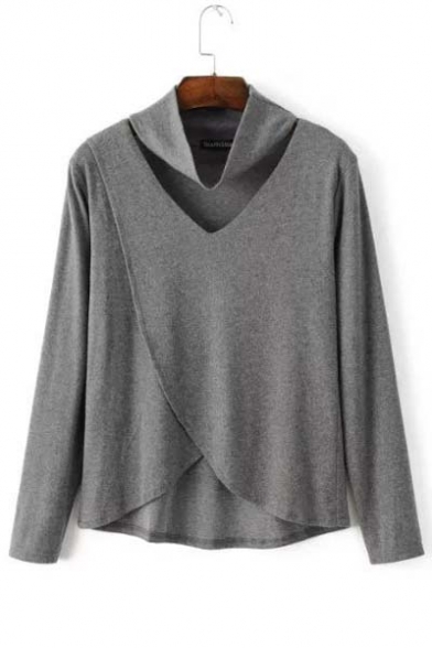 Chic Cut Out V-neck Wrap Front Long Sleeve Knitted Top