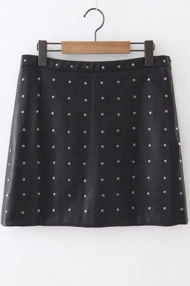 Chic Rivet Embellished Black Skirt with Side Zip
