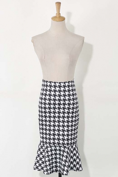 Color Block Houndstooth Print Ruffle Hem Midi Flared Skirt