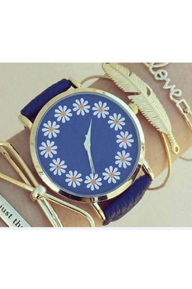 Cute Floral Print Leather Strap Quartz Wristwatch