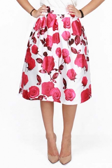 New Arrival Red Rose Print High Waist A-line Midi Skirt