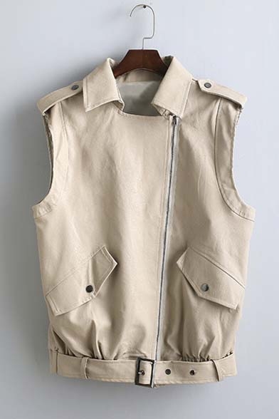New Women's Fashion Lapel Oblique Zipper Sleeveless PU Vest