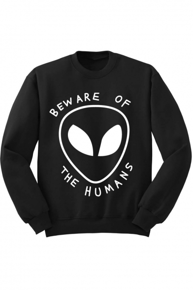 Relaxed Round Neck Long Sleeve Letter Alien Print Pullover Sweatshirt
