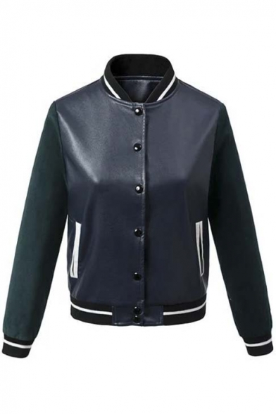 Stand-Up Collar Single Breasted Contrast Long Sleeve Elastic Trim Bomber Jacket