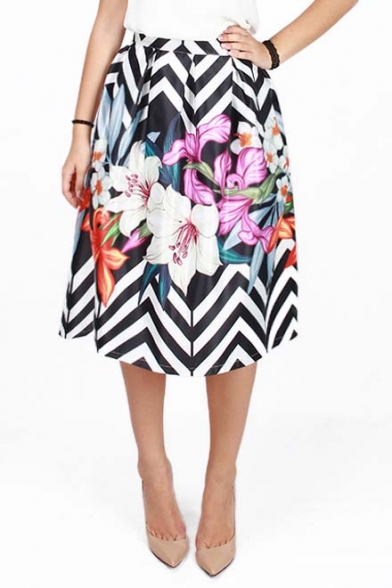 Women's Fashionable Floral Stripe Digital Print High Waist A-line Skirt