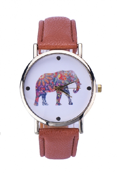 Hot Colorful Elephant Print Leather Band Wristwatch