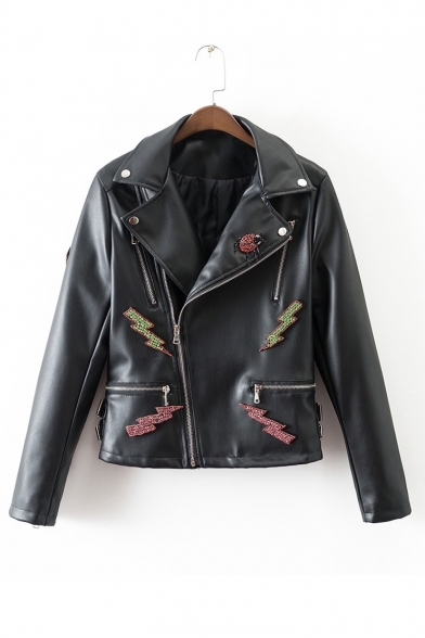 New Chic Snake Embroidered Back Oblique Zipper Leather Jacket